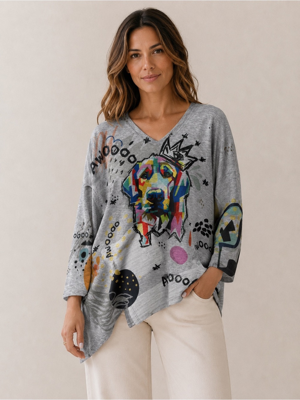 Inoah Dog Print Asymmetrical Tunic Top Small Gray Art Wear Oversized USA